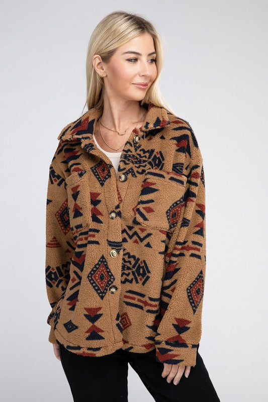 Sherpa Shacket with Aztec Pattern