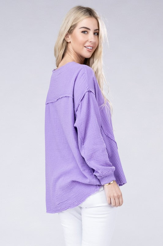 Double Gauze Oversized 3/4 Button Henley Neck Top