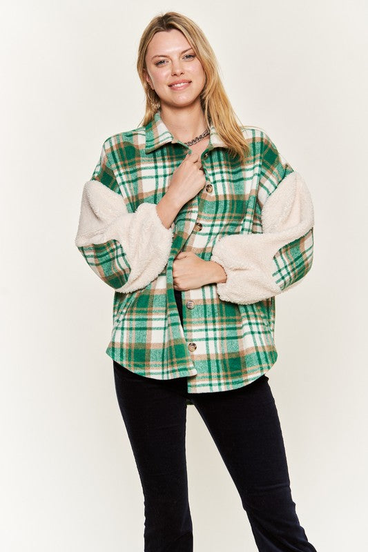 Multi plaid fuzzy sleeve jacket