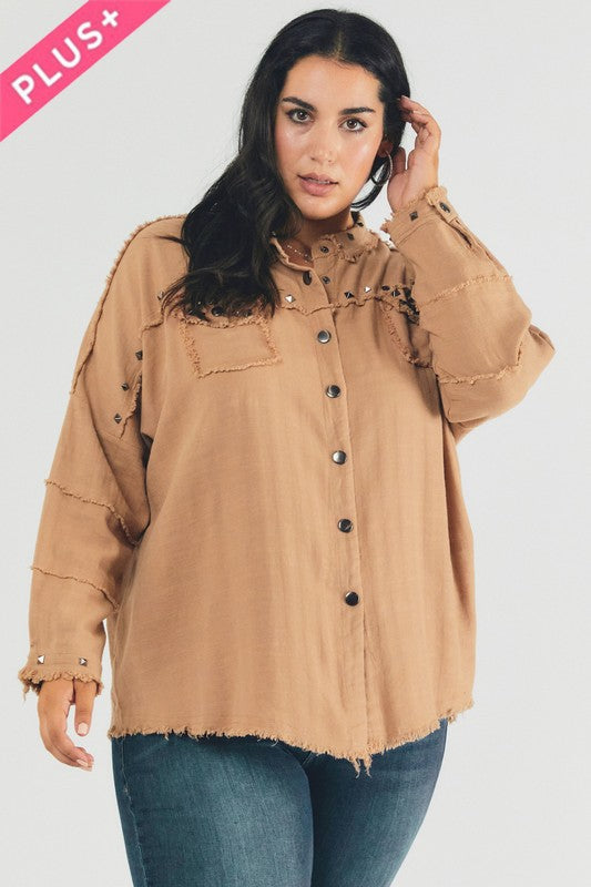 Johnna Plus Distressed Hem Button Down