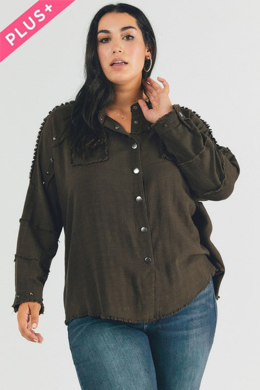 Johnna Plus Distressed Hem Button Down