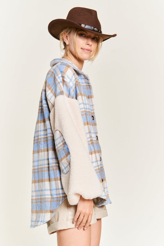 Multi plaid fuzzy sleeve jacket