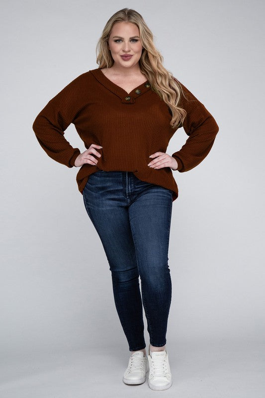 Bobbi Plus Brushed Waffle V-Neck Button Sweater