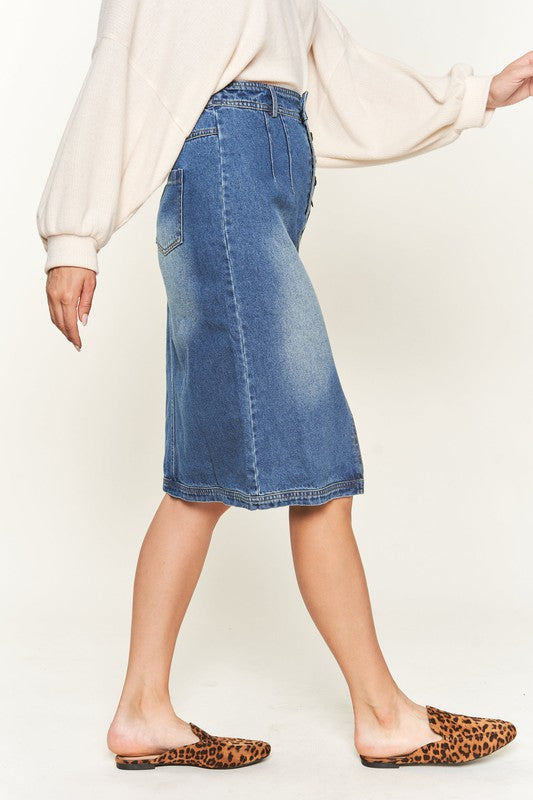 Denim button down front midi skirt