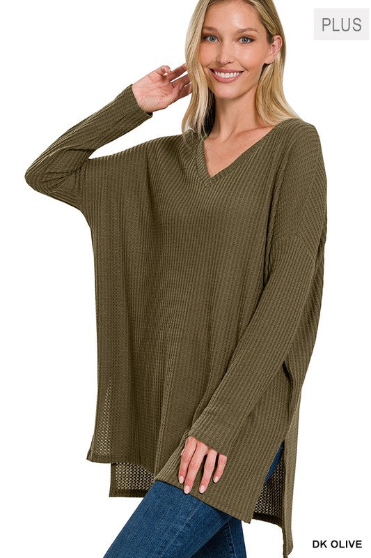 Sonya Plus Brushed Thermal Waffle V-Neck Sweater