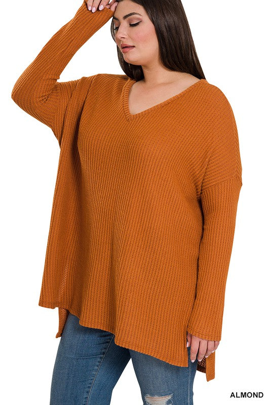 Sonya Plus Brushed Thermal Waffle V-Neck Sweater