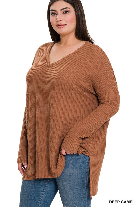 Sonya Plus Brushed Thermal Waffle V-Neck Sweater