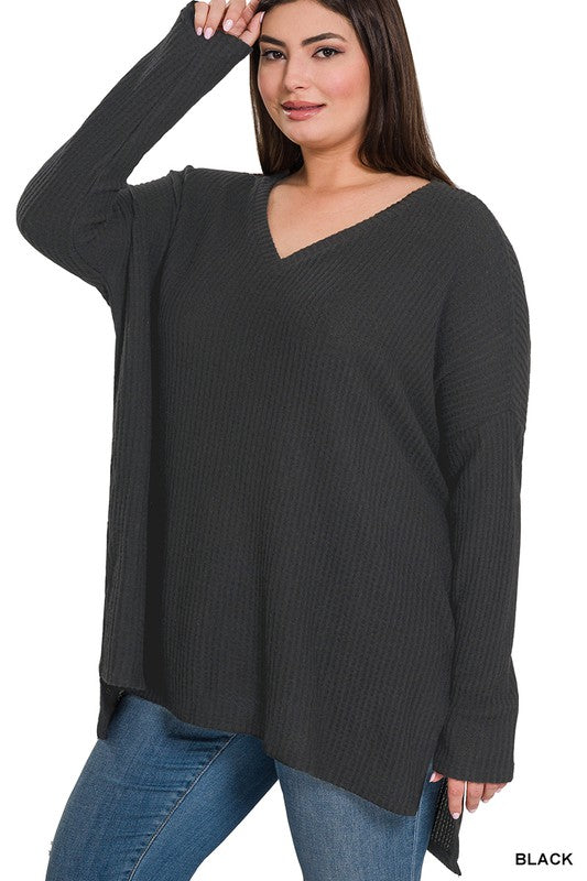 Sonya Plus Brushed Thermal Waffle V-Neck Sweater