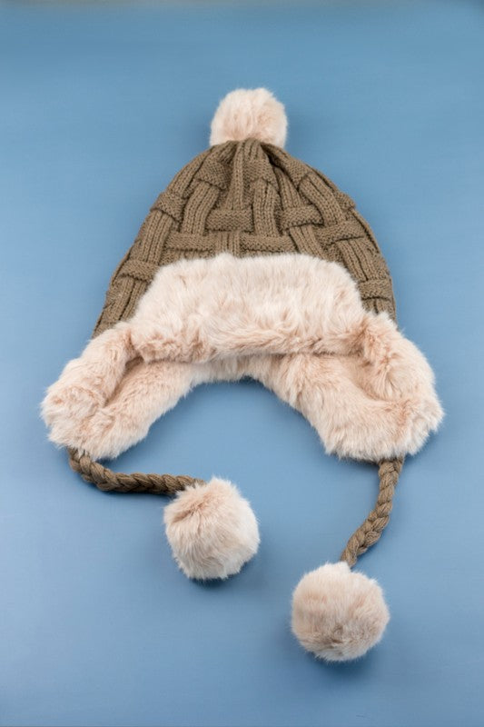 Cable Weave Pom Trapper Hat