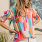 BiBi Color Block Smocked Short Sleeve Blouse