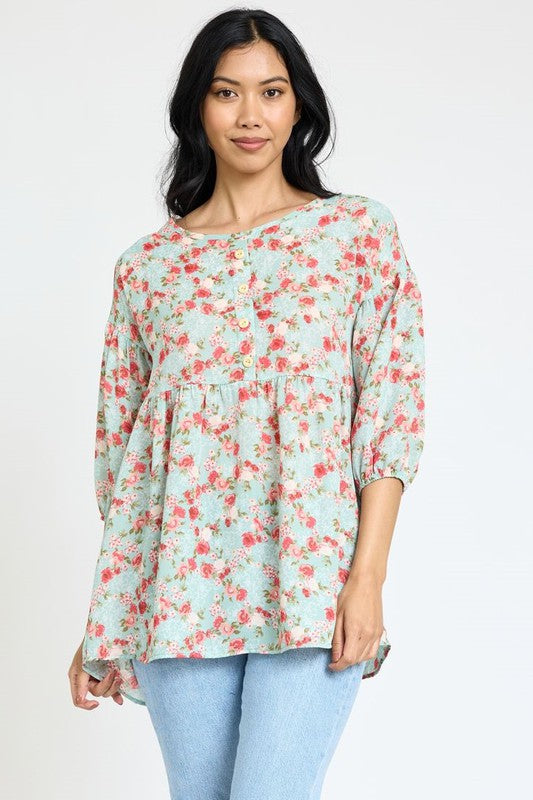 lightweight Button Accent Ditsy Floral Tunic