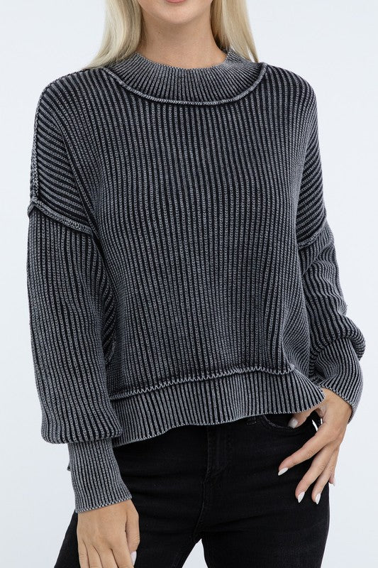 Washed Side Slit Oversized Cropped Sweater