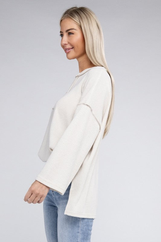 Ribbed Brushed Melange Hacci Henley Sweater