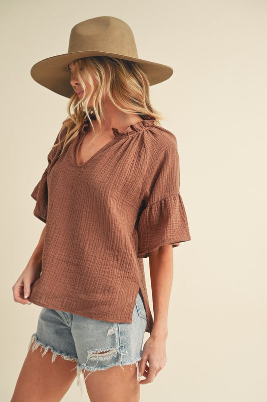 Tes 3/4 Sleeve Ruffle Top