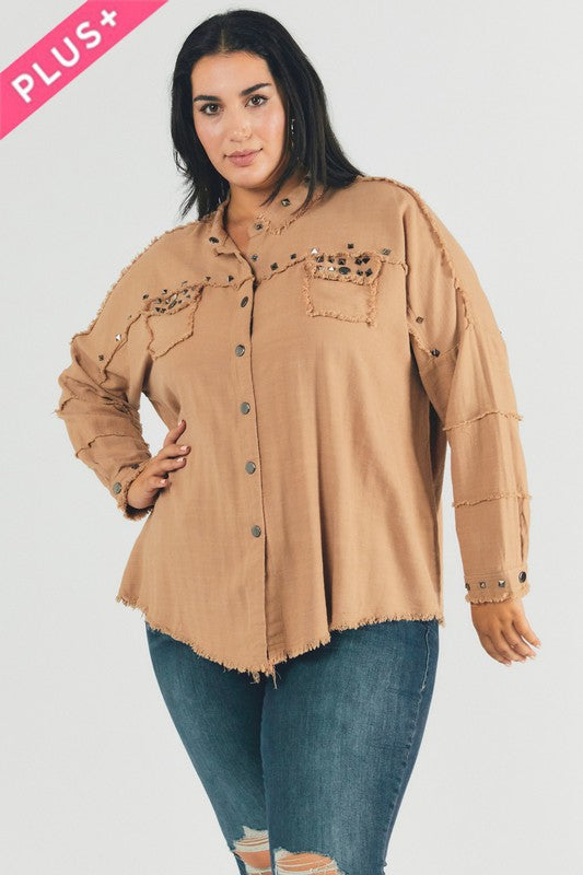 Johnna Plus Distressed Hem Button Down