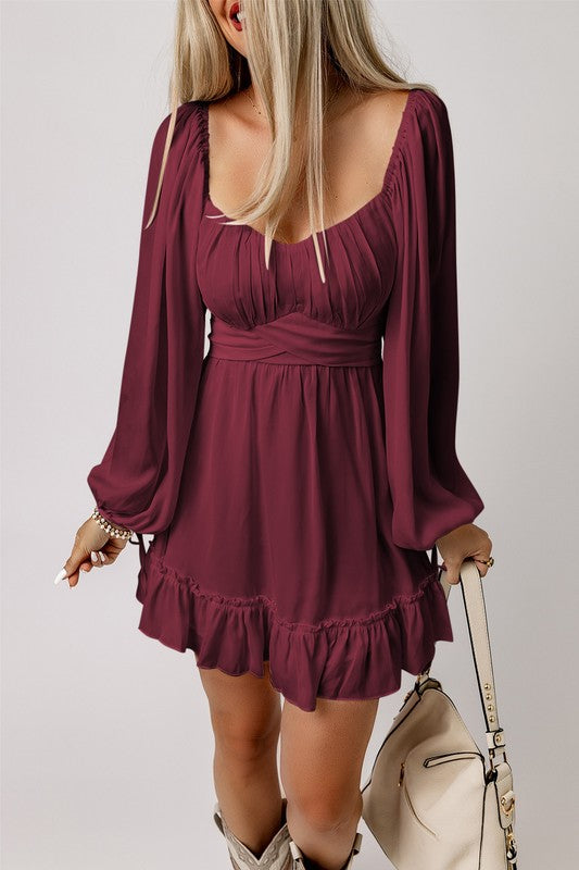 Plain Ruffled High Waist Square Neck Mini Dress