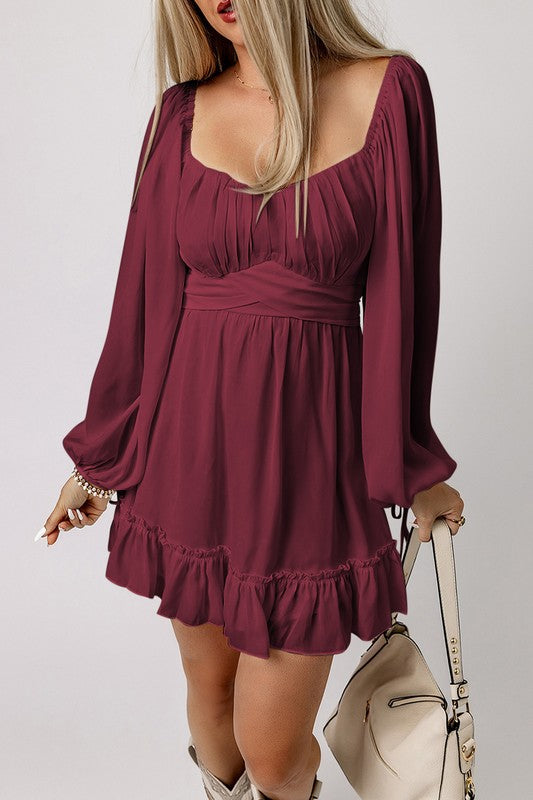 Plain Ruffled High Waist Square Neck Mini Dress