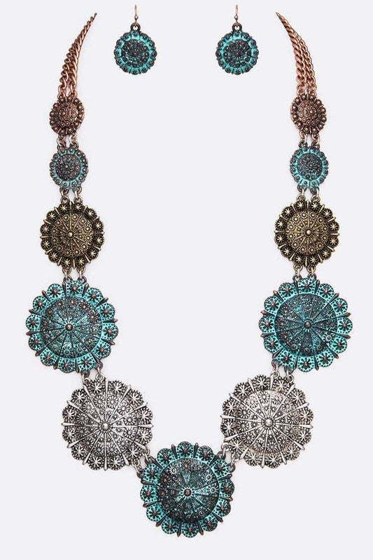 Mix Tone Textured Medallion Western Necklace Set