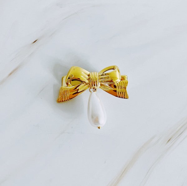 Golden Bow Dangle Pearl Hair Clip