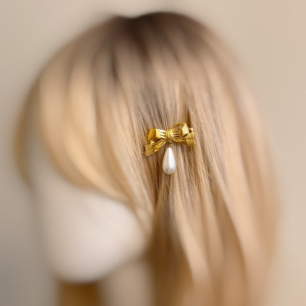 Golden Bow Dangle Pearl Hair Clip