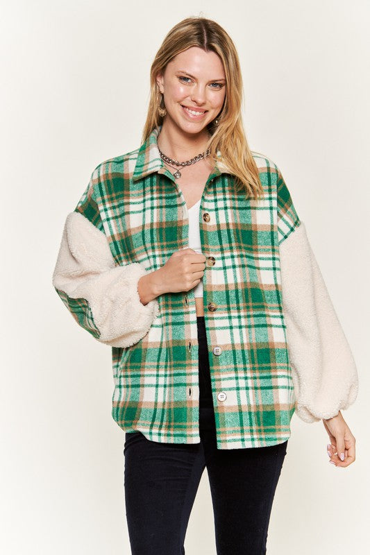 Multi plaid fuzzy sleeve jacket