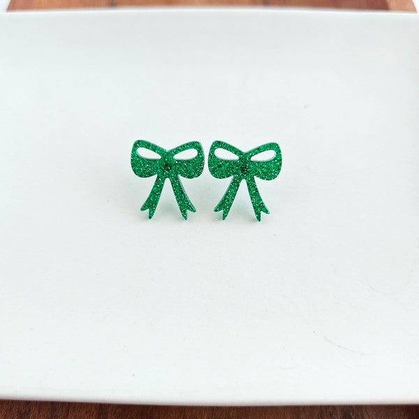 Bow Studs - Green Glitter