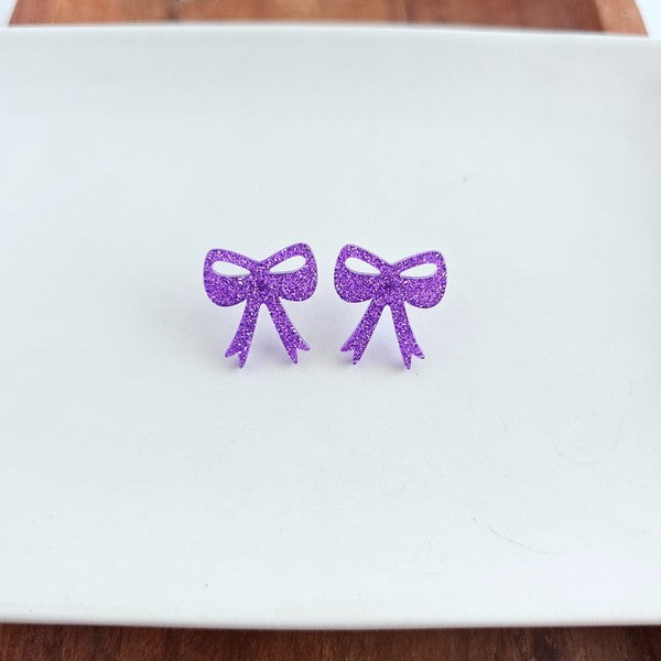 Bow Studs - Purple Glitter