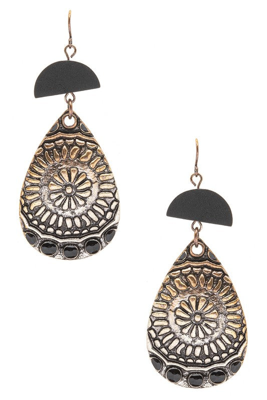 Wooden Disk Western Embossed Drop Earrings