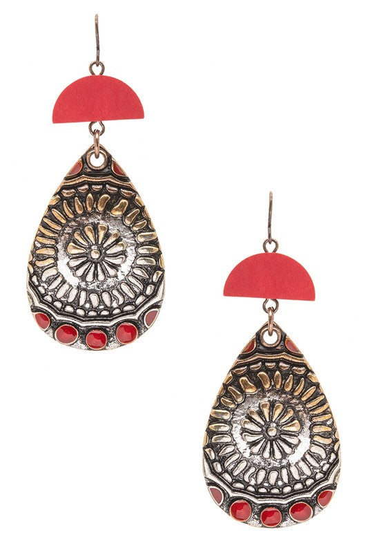 Wooden Disk Western Embossed Drop Earrings