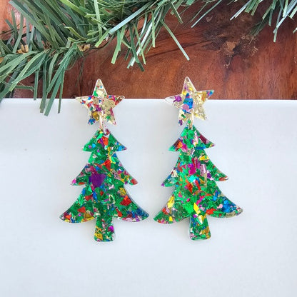 Christmas Tree Earrings - Green Sparkle