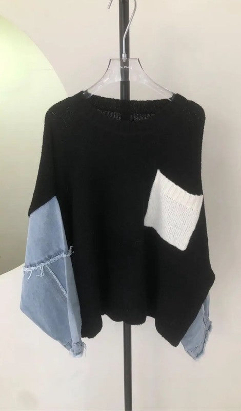 Denim sleeve knit sweater