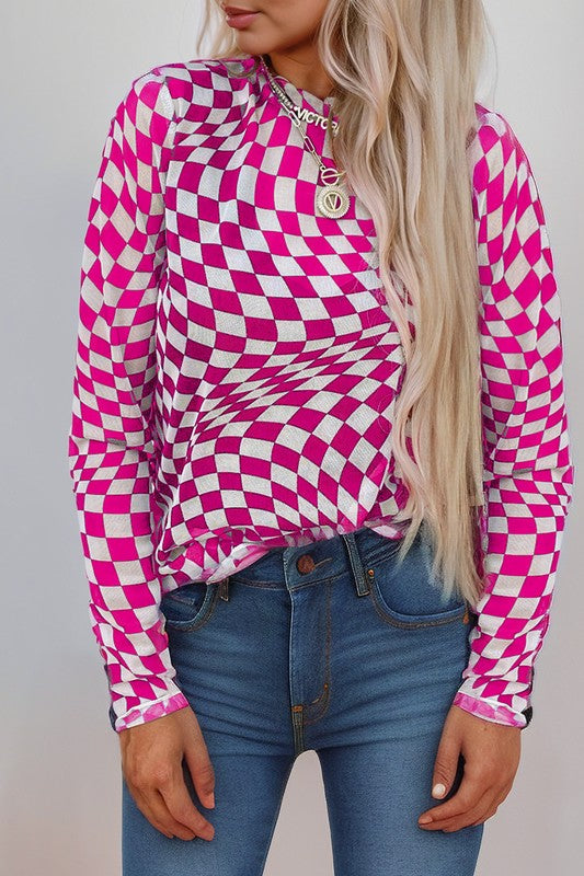 Checkered Pattern Mesh Long Sleeve Top