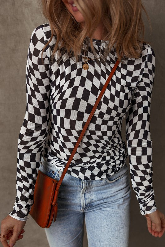 Checkered Pattern Mesh Long Sleeve Top