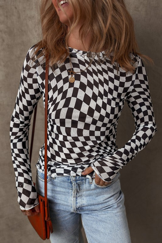 Checkered Pattern Mesh Long Sleeve Top