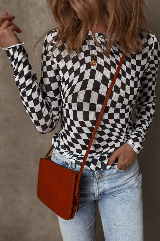 Checkered Pattern Mesh Long Sleeve Top