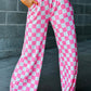 2-Tone Checked Print High Waist Wide Leg Pants