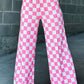 2-Tone Checked Print High Waist Wide Leg Pants