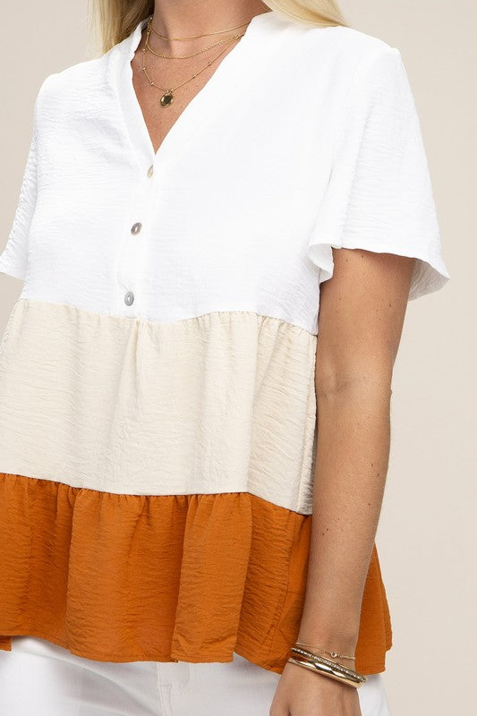 Color Block Notched Neck Blouse