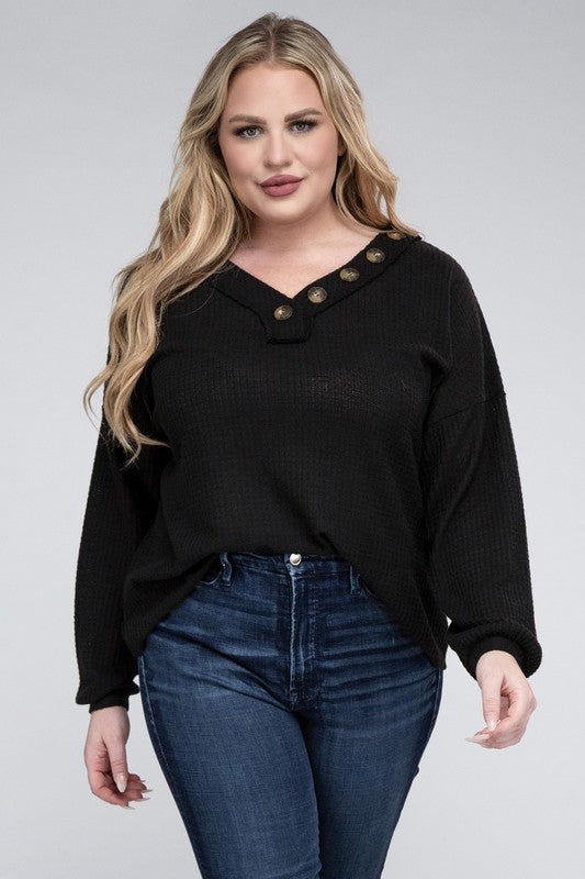 Bobbi Plus Brushed Waffle V-Neck Button Sweater