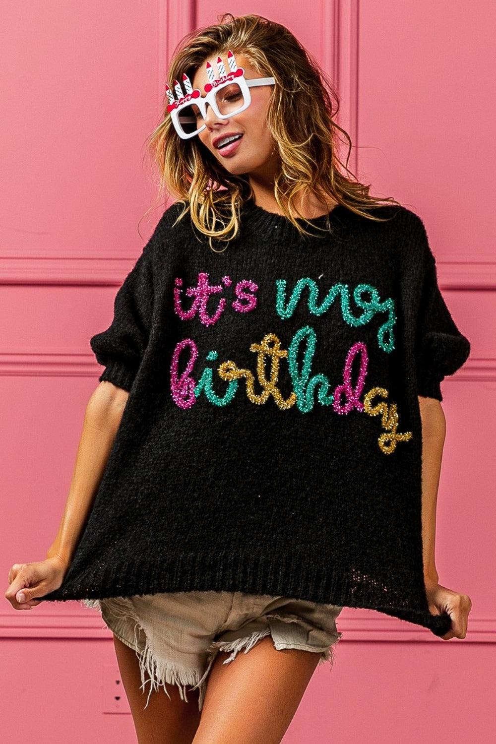 BiBi Metallic Letter Puff Sleeve Hairy Sweater