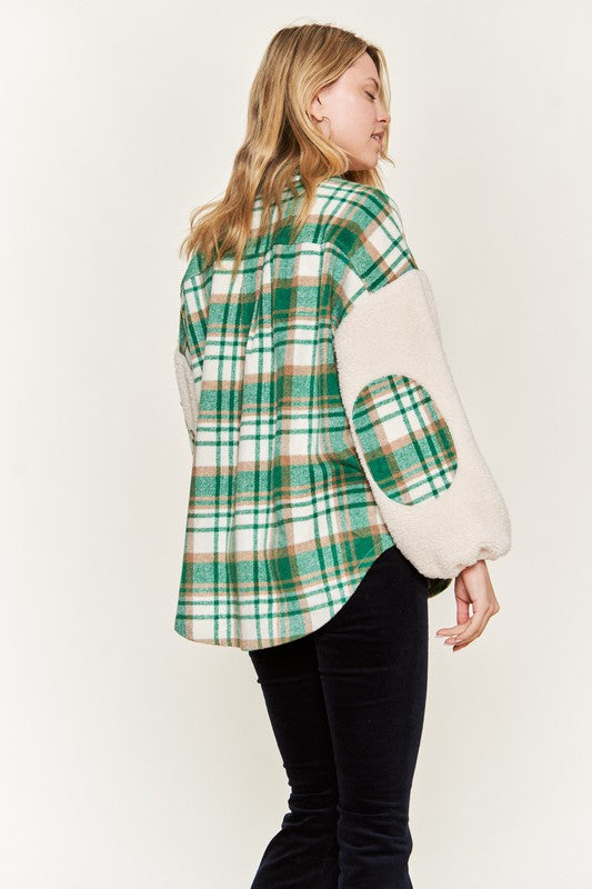 Multi plaid fuzzy sleeve jacket