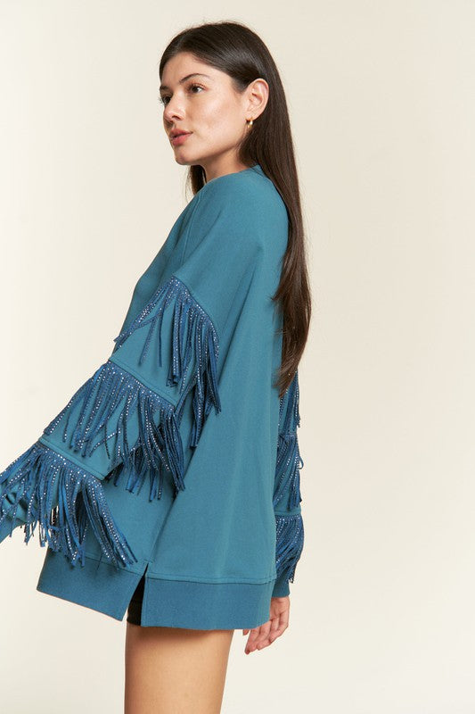 Silver studded fringe sleeve top PLUS