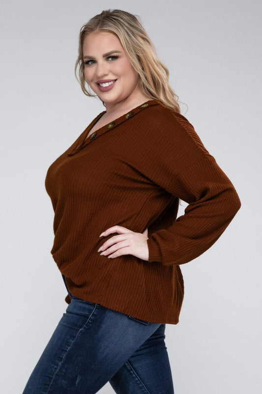 Bobbi Plus Brushed Waffle V-Neck Button Sweater