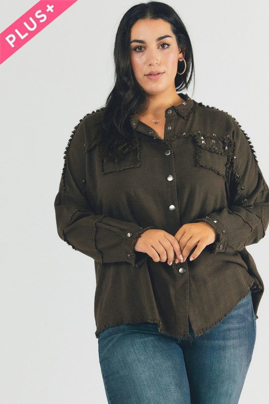 Johnna Plus Distressed Hem Button Down