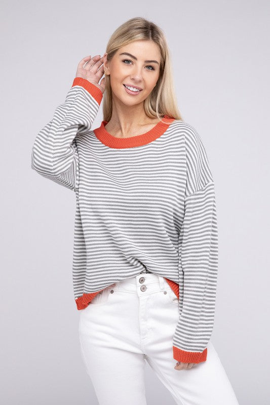 Contrast Trimmed Striped Pullover Knit