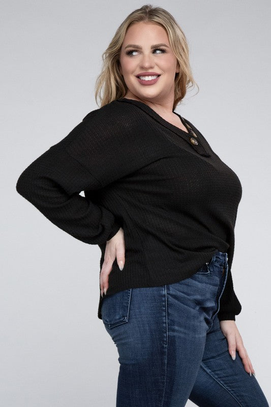 Bobbi Plus Brushed Waffle V-Neck Button Sweater