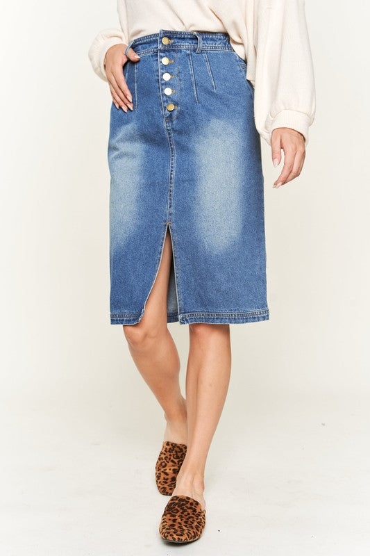 Denim button down front midi skirt