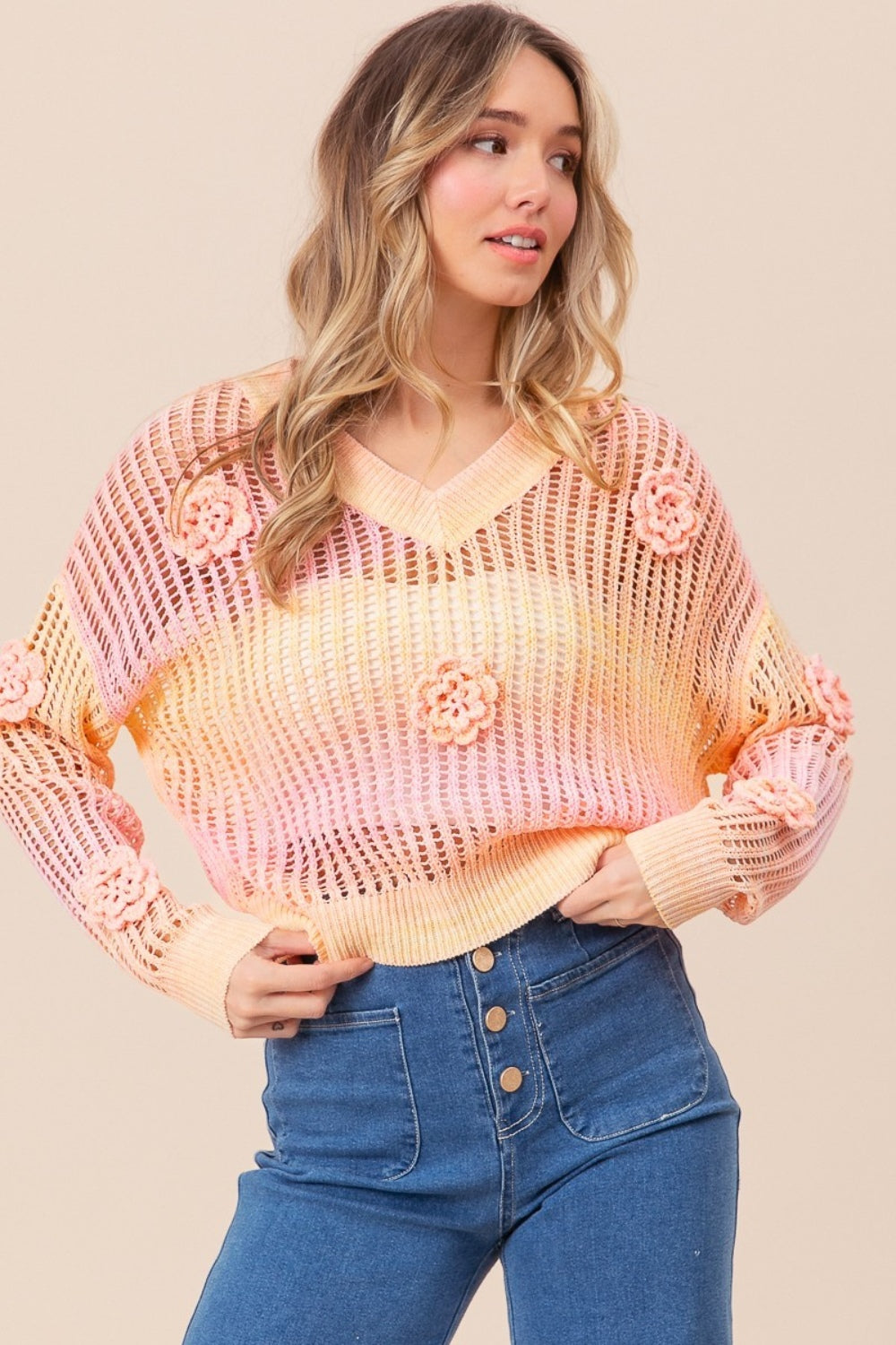 BiBi Ombre Crochet Flower Knit Top