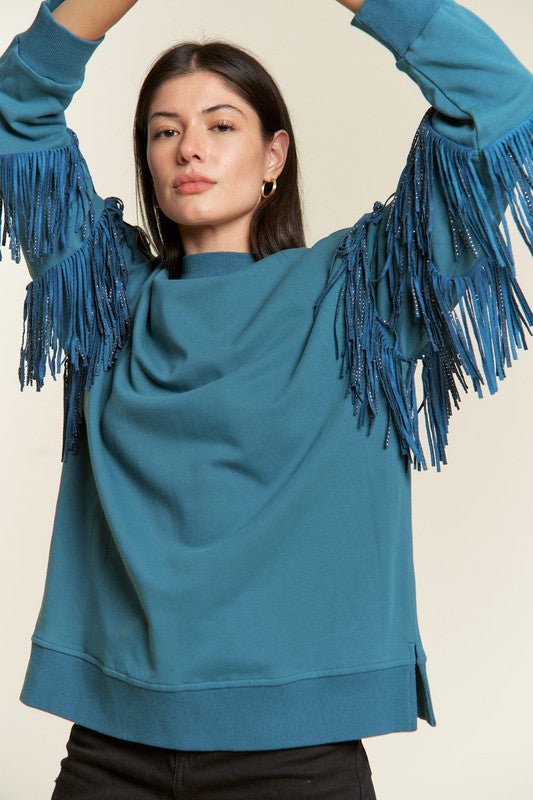 Silver studded fringe sleeve top PLUS