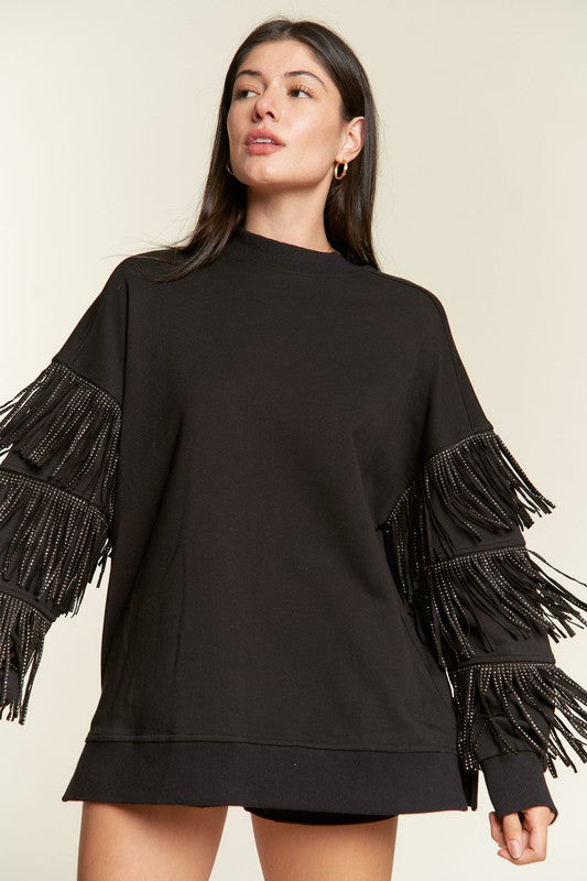 Silver studded fringe sleeve top PLUS